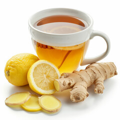 A mug of hot ginger tea with lemon slices and honey, isolated on white background