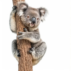 Fototapeta premium A charming koala bear clinging to a eucalyptus tree, isolated on white background