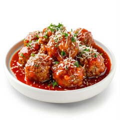 A serving of meatballs in marinara sauce, sprinkled with parmesan cheese, isolated on white background