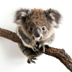 Naklejka premium An adorable baby koala with big eyes and fluffy ears, clinging to a branch, isolated on white background