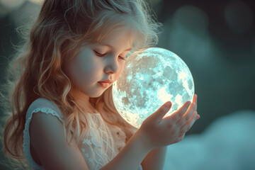 Naklejka premium Little girl holding glowing moon light in hands, dreaming and looking at night sky