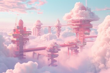 a city in the clouds, pastel cloud city with floating buildings and bridges