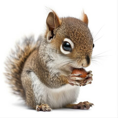 A tiny baby squirrel with a bushy tail, holding an acorn, isolated on white background