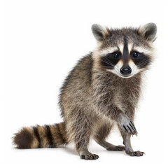 Fototapeta premium An adorable raccoon kit with a mask-like face and bushy tail, standing and looking around, isolated on white background