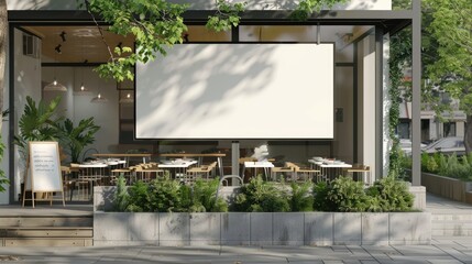 Modern cafe exterior with large windows, light interior decor, and blank round billboard sign, sunny day. Cafe mockup