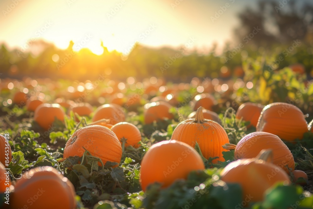 Poster a field of oranges with the sun setting in the background, pumpkin patch glistening under the warm a