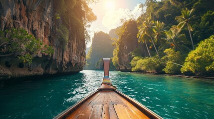 Fototapeta premium Serene Tropical Boat Ride Through Exotic Jungle Landscape. Idyllic waterway journey with picturesque cliffs and lush greenery. Nature adventure framed by towering rock formations and palm trees. AI