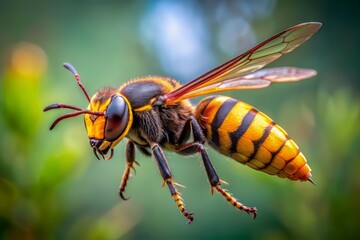 A large, yellow and black Asian Giant Hornet, Vespa mandarinia, with distinctive orange stripe, flies in mid-air, its wings beating rapidly, against a blurred natural background.