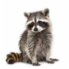 Fototapeta premium An adorable raccoon kit with a mask-like face and bushy tail, standing and looking around, isolated on white background