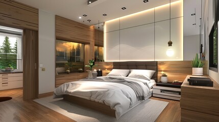 modern bedroom with a lot of space, luxury apartment ,
