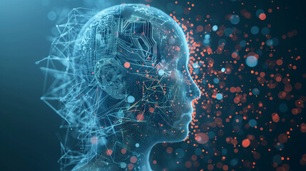 Artificial intelligence concept with a digitized human head filled with circuits and codes. Generative AI
