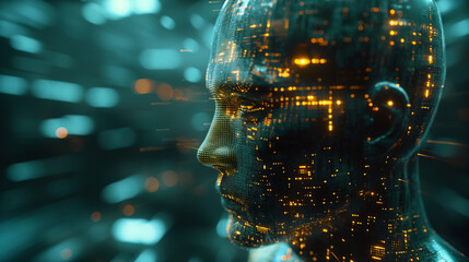 Artificial intelligence concept with a digitized human head filled with circuits and codes. Generative AI