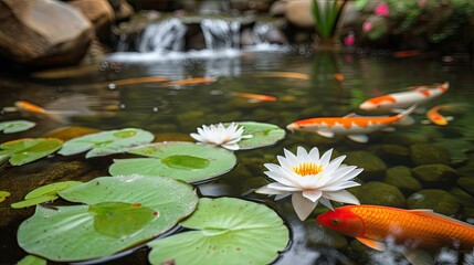 a pond with a pink flower and many koi fish, serene pond teeming with cute koi fish and water lilies