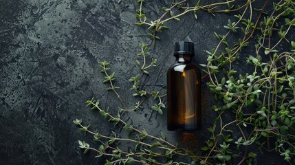Fresh Thyme Herb and Essential Oil in Dark Glass Bottle with Space for Text