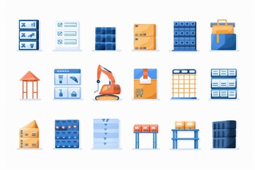 A watercolor clipart of lean manufacturing icons, such as kanban boards and 5S, isolated against white