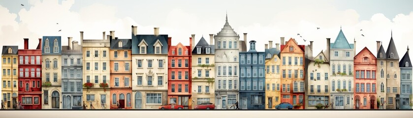 Naklejka premium Produce an image of a stylized wall of 1790s French buildings or houses, viewed frontally, in an animated and illustrative style, with no background
