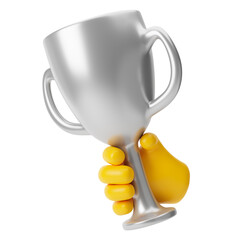 Yellow emoji hand holding trophy cup isolated over transparent background, png. 3d rendering.