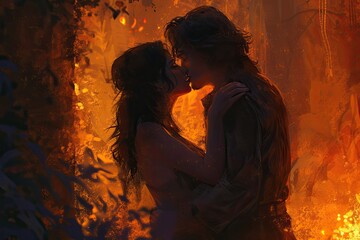 a couple kissing in front of a fire, tender scene of a couple sharing a passionate kiss under the soft glow of evening light