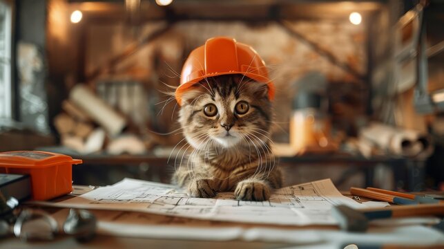 A cat wearing an orange construction helmet sits at the table with blueprints and tools