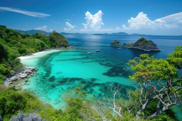 a beautiful view of the ocean and a small island, tropical archipelago with crystal clear waters