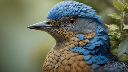 Fototapeta premium A close-up of a small bird with blue and brown feathers.