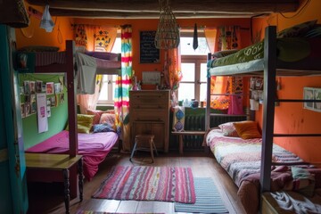 a room with bunk beds and a rug, vibrant backpacker hostel in European countryside