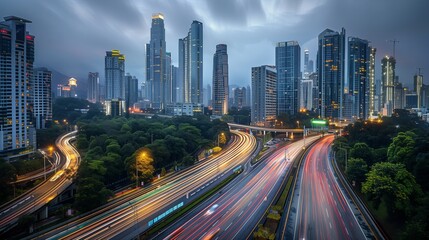 Obraz premium City at night with traffic in architecture. Road cityscape with skyline skyscraper in urban downtown. Dusk building on the street highway for business transportation. Asia modern