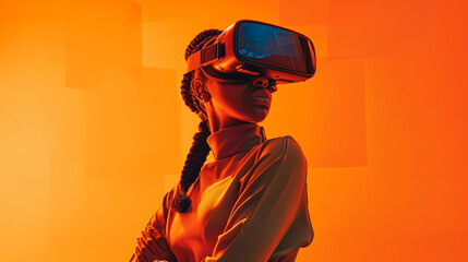 Immersive future: A woman in VR gear stands confidently against an orange backdrop, embodying the integration of technology and human experience.