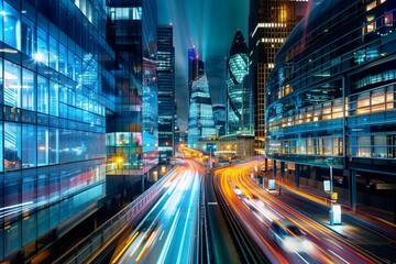 Fototapeta premium City at night with traffic in urban road. Lights in cityscape buildings on the street. Speed and motion in modern skyline architecture. Transportation business travel in China.