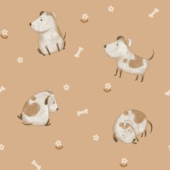 Cute funny white dogs with brown spots, the dogs in different poses, sitting, standing, lying down. Seamless pattern on peach background. wallpaper decor, paper, printable, fabric design
