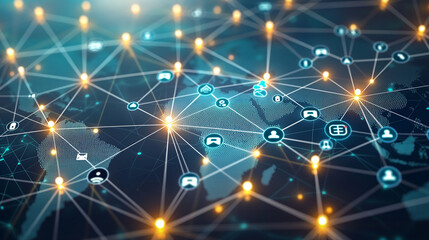 Obraz premium Global communication network with icons of social networks and connectivity around the world. generative ai