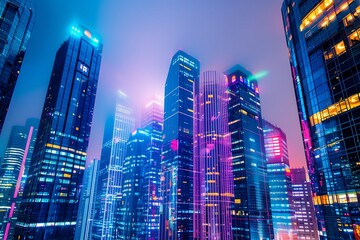 City skyscraper for business cityscape. Architecture at night with skyline office. Modern urban tower in downtown building. View evening light with high sky. Blue landmark district