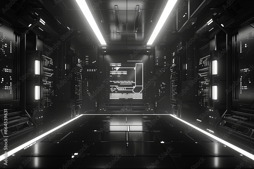 Poster Corridor futuristic technology in space. Future interior tunnel design with background perspective. Light hall in science 3D abstract empty architecture. Modern concept inside room
