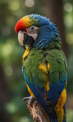 Close-up of a parrot with a blurred forest in the background, highlighting its vibrant plumage against a lush and natural setting