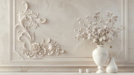 Decorative design pattern ornate in white. Art antique detail texture wall. Architecture classic stucco vintage. Ornamental background style floral plaster. Old relief carving