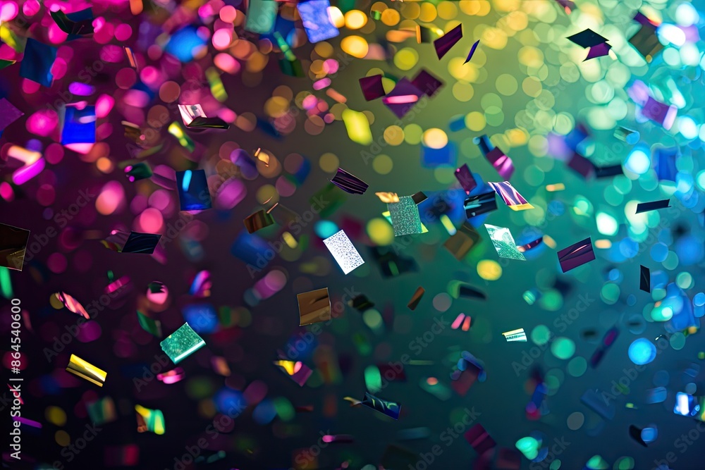 Poster a colorful background with confetti falling from the sky, Create a dynamic background with cascading rainbow-colored confetti