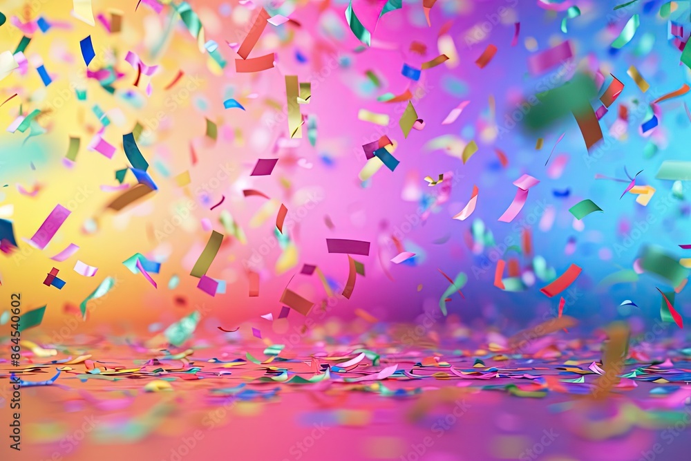 Poster a colorful background with confetti falling from the sky, Create a dynamic background with cascading rainbow-colored confetti
