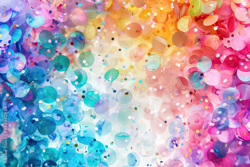Poster a colorful background with confetti falling from the sky, Create a dynamic background with cascading rainbow-colored confetti