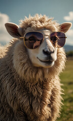 Obraz premium Portrait of a sheep wearing sunglasses, exuding a playful and humorous vibe with a touch of cool sophistication