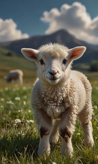 Obraz premium Cute lamb grazing in a meadow, innocence in its eyes, gently illuminated by the golden light of the setting sun, capturing a serene and idyllic scene
