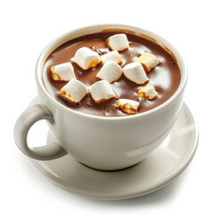 A cup of hot chocolate with melted marshmallows on top, isolated on white background