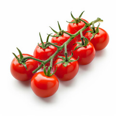 A cluster of fresh, red cherry tomatoes on the vine, isolated on white background