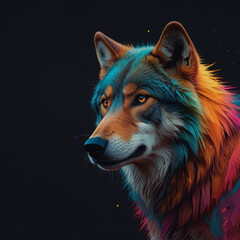 Vibrant depiction of a wolf using minimal design elements, showcasing its essence with bold colors and clean lines that capture its strength and presence
