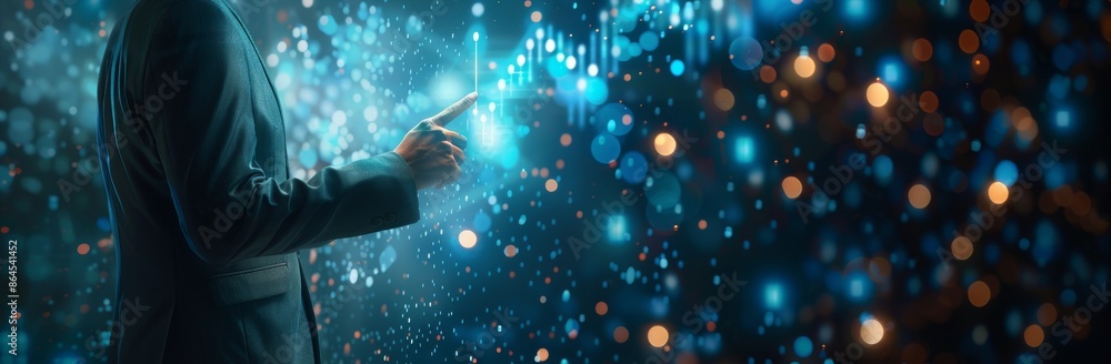 Aufkleber businessman analyzing and touching a rising growth graph with colorful bokeh background