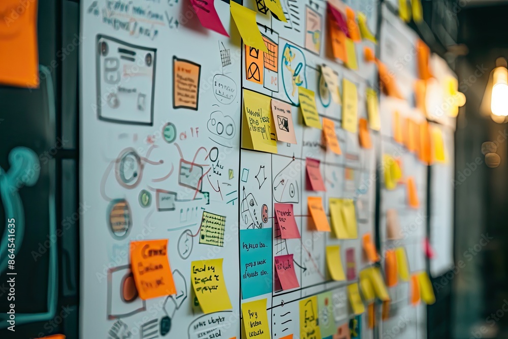 Poster a desk with a computer and a monitor, digital representation of an online brainstorming session with