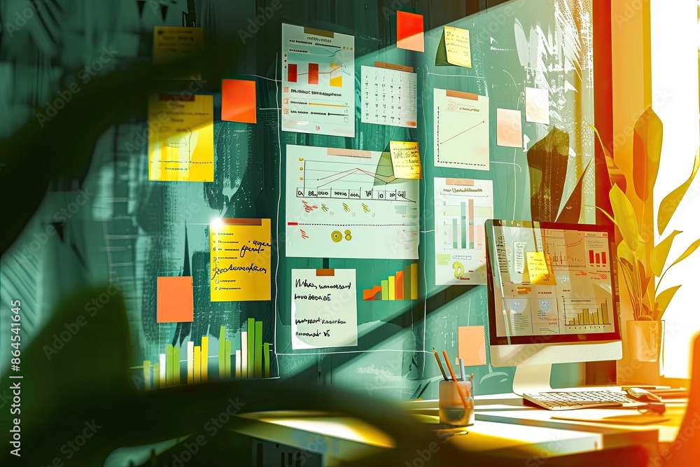 Poster a desk with a computer and a monitor, digital representation of an online brainstorming session with