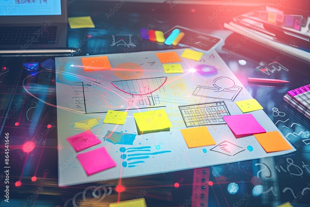 Poster a desk with a computer and a monitor, digital representation of an online brainstorming session with