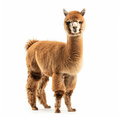 Naklejka premium A fluffy alpaca with a friendly expression, standing and looking around, isolated on white background
