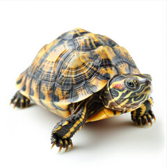 Fototapeta premium A sweet little turtle with a patterned shell, walking slowly, isolated on white background