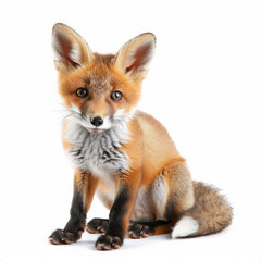 Fototapeta premium A cute red fox kit with big ears and a bushy tail, sitting and looking curious, isolated on white background